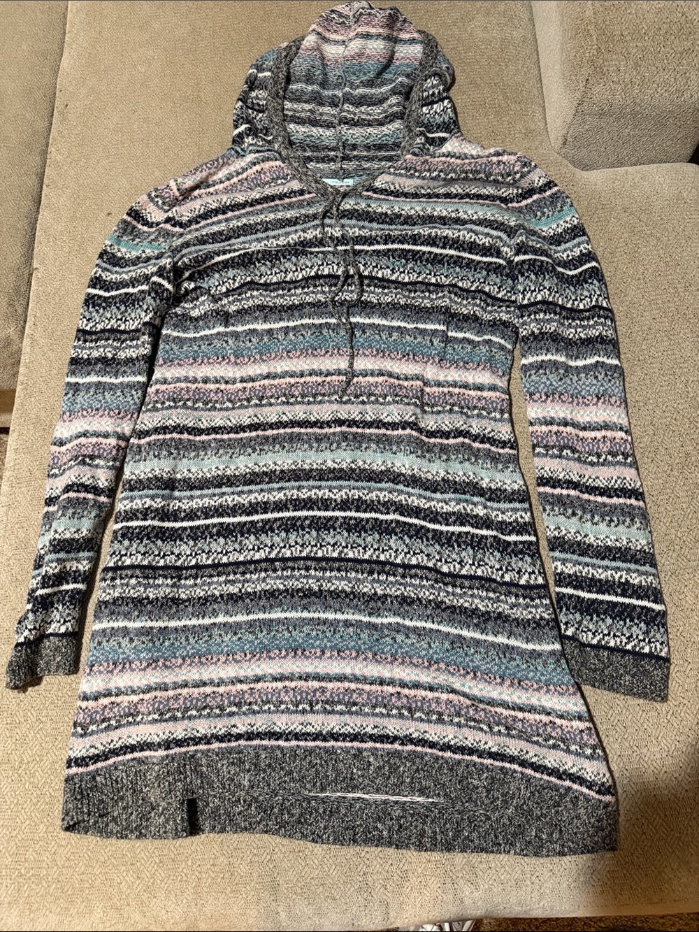 Maurices Striped Knit Hooded Pullover in Gray, Pink & Light Blue